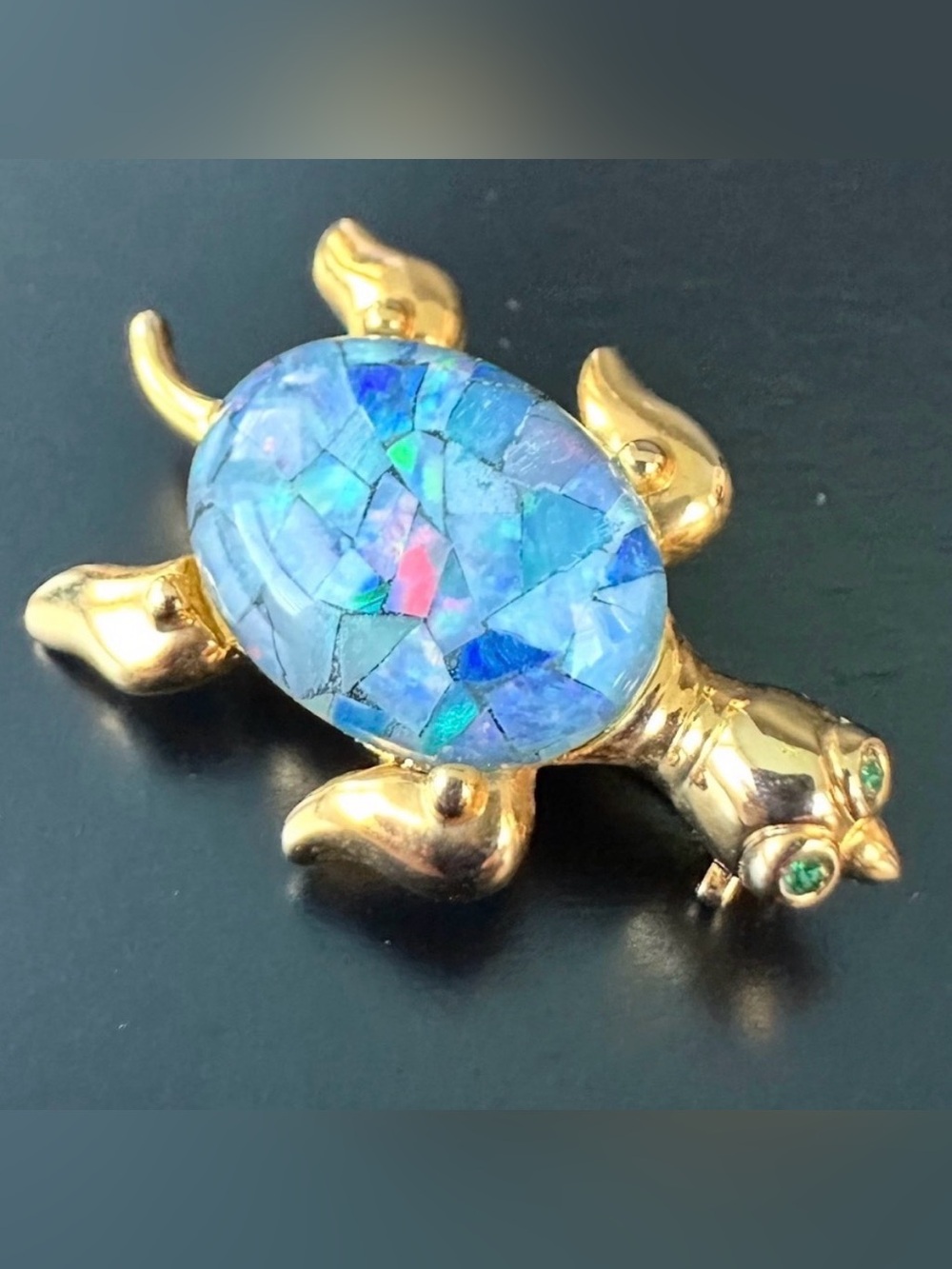 Turtle Brooch Pin Blue Mosaic Faux Opal Lucite Belly Shell & Green Eyes